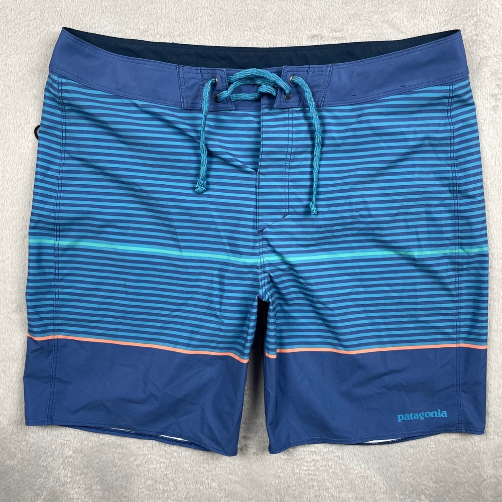 Patagonia Hydropeak Boardshorts Mens Size 32 Blue Striped Swim Trunks 7"
